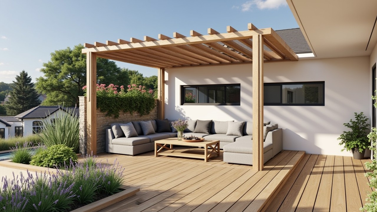 terrasse avec sa pergola bois pour protéger le mobilier de jardin du soleil