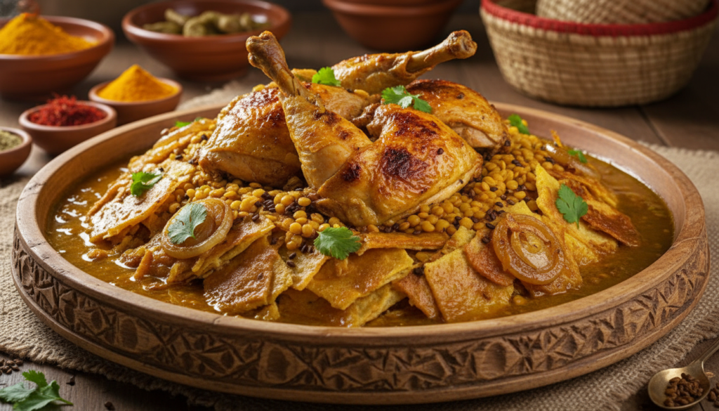 découvrez la recette traditionnelle de la rfissa au poulet, un plat marocain riche en saveurs authentiques, parfait pour partager un moment convivial en famille.